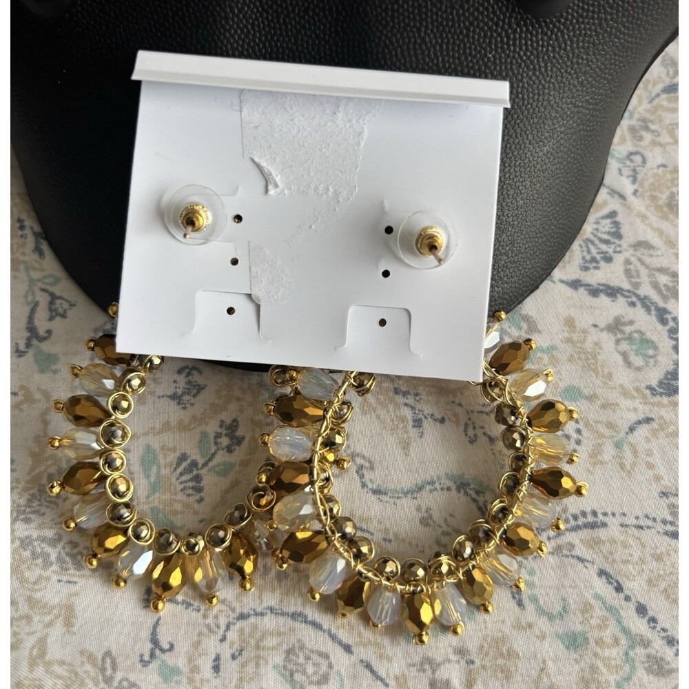 Gold Tone Women Metal Rhinestone Large Crystal Warm Toned Chandelier Earrings - Picture 3 of 4